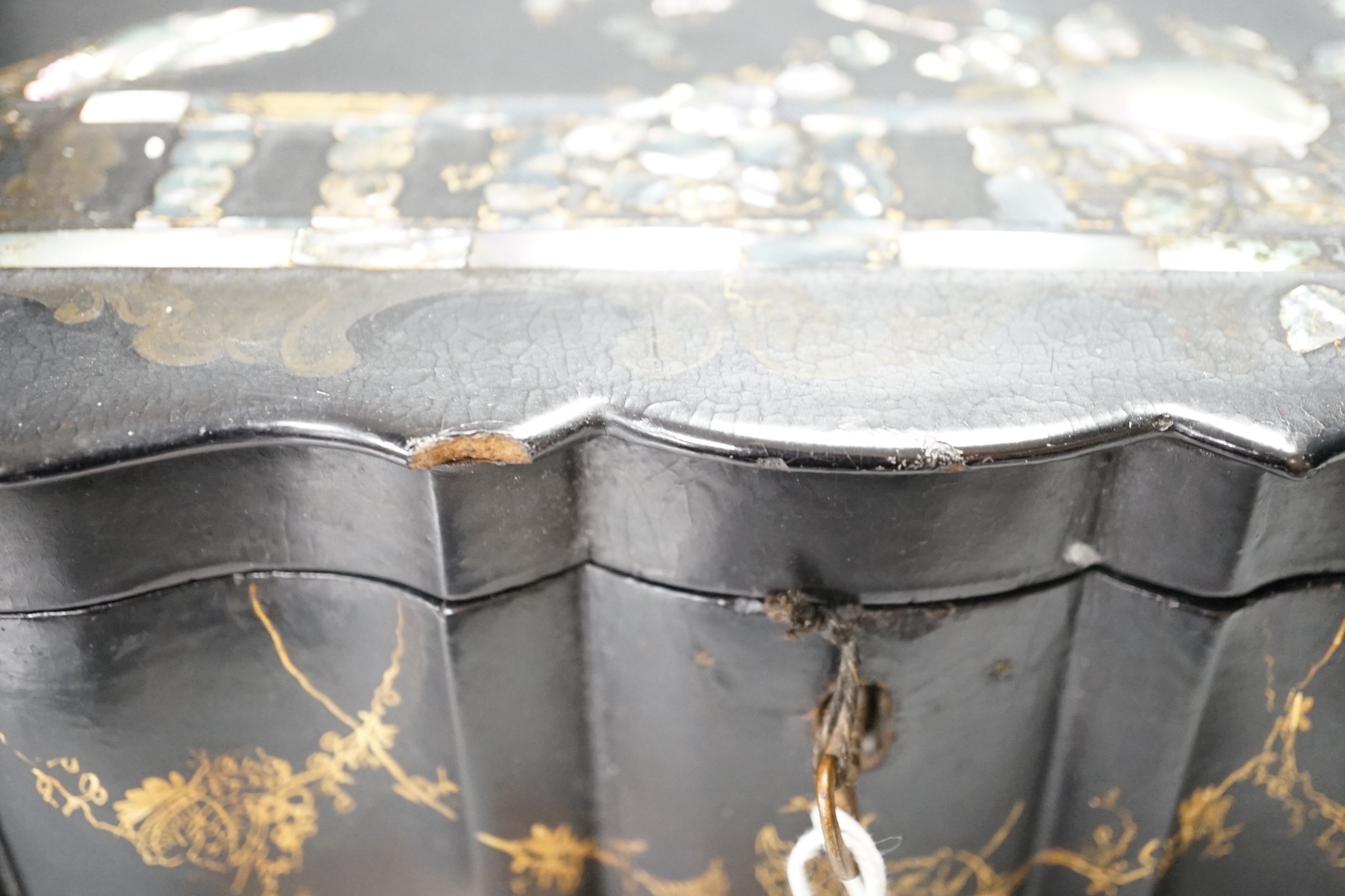 A Victorian papier mache workbox and contents, 32cm
